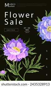 Vintage flowers poster concept. Electronic commerce and marketing. Discounts and promotions. Beauty, elegance and aesthetics. Flyer, booklet and leaflet. Cartoon flat vector illustration