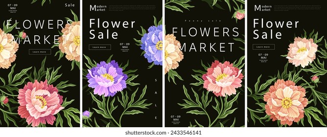 Vintage flowers posters set. Bloom and blossom plants. Beauty, elegance and aesthetics. Flyers, booklets and leaflets. Cartoon flat vector collection isolated on grey background