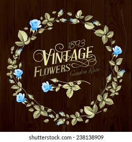Vintage Flowers print over brown wooden texture. Vector illustration.