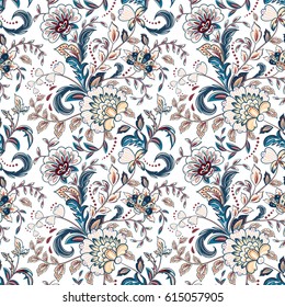 Vintage flowers seamless background in provence style. Vector blue beige pattern on white.