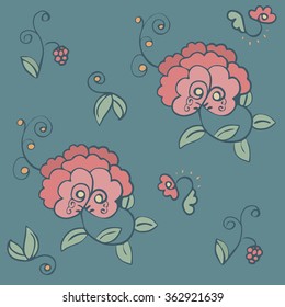 Vintage flowers seamless pattern. Abstract peonies on a blue background. Vector illustration.
