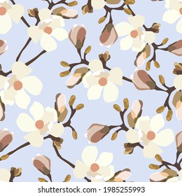 Vintage flowers. Seamless pattern. A branch of a blossoming tree. Flat vector isolated illustration. Pastel colors.