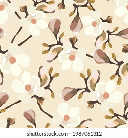 Vintage flowers. Seamless pattern. A branch of a blossoming tree. Flat vector isolated illustration. Pastel colors.