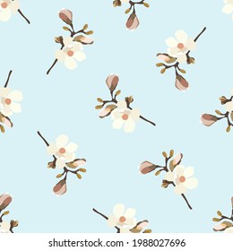 Vintage flowers. Seamless pattern. A branch of a blossoming tree. Flat vector isolated illustration. Pastel colors.