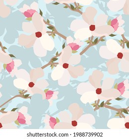 Vintage flowers. Seamless pattern. A branch of a blossoming tree. Flat vector isolated illustration. Pastel colors.