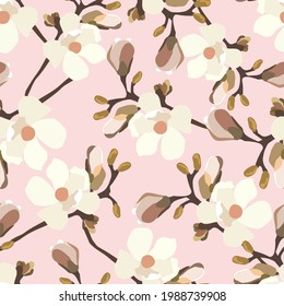 Vintage flowers. Seamless pattern. A branch of a blossoming tree. Flat vector isolated illustration. Pastel colors.