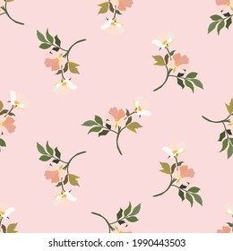 Flores antiguas. Patrón sin foco. Una rama de un árbol floreciente. Ilustración aislada vectorial plana. Colores pasteles.