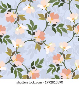 Vintage flowers. Seamless pattern. A branch of a blossoming tree. Flat vector isolated illustration. Pastel colors.