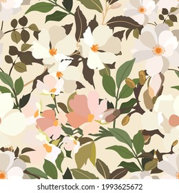 Vintage flowers. Seamless pattern. A branch of a blossoming tree. Flat vector isolated illustration. Pastel colors.