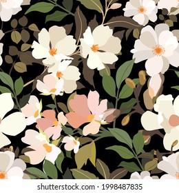 Vintage flowers. Seamless pattern. A branch of a blossoming tree. Flat vector isolated illustration. Pastel colors.