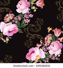 Vintage flowers seamless pattern with curls Baroque  on a black background