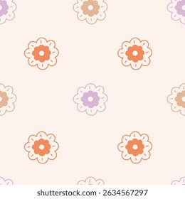 Vintage Flowers Seamless Pattern in doodle style. Colorful retro daisy and chamomile blossoms on beige background. Cute simple minimal design. Repeat vector illustration