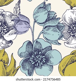 Vintage flowers seamless pattern, helleborus and tulips