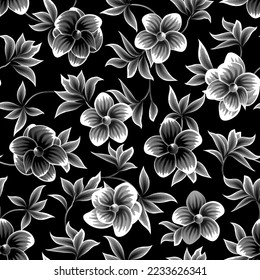 vintage flowers seamless pattern on dark background. floral background decorative. black and white tropical leaves plant. monochromatic stylish floral. Exotic wallpaper. spring design. autumn pattern
