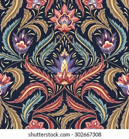 Vintage flowers seamless  pattern on navy background. Traditional decorative retro ornament. Fabric, textile, wrapping paper, card background, wallpaper template. 