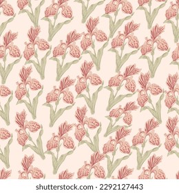 Vintage flowers seamless pattern with orange irises. Vector graphics.