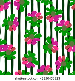 Flores antiguas sin costura. Fondo floral retro groovy. Resumen de papel tapiz botánico estilizado. Diseño para tela, imprenta textil, papel envolvente, moda, interior, cubierta, ilustración