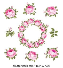 Vintage flowers set over white background. Wedding rose flowers bundle. Flower collection of watercolor detailed hand drawn roses. Vector set of blooming flowers for your design. Vector illustration.