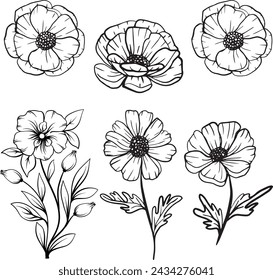 Vintage flowers set in retro style for design, Flowers vector illustration. Doodle style. Design, print, decor, textile, paper, card, colouring the flowers.
