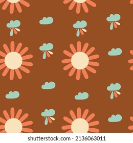 Vintage flowers, trippy seamless pattern. Retro hippie pattern with floral details