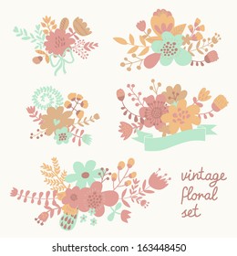 Vintage flowers in vector. Cute floral bouquets. Vintage floral set. Save the date design collection in pastel colors.