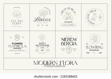 Vintage Flowers Vector Signs or Logo Templates. Retro Floral Illustration with Classy Typography. Feminine Logo. Modern Logo Template for florist, photographer, fashion blogger, design studio.