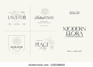 Vintage Flowers Vector Signs or Logo Templates. Retro Floral Illustration with Classy Typography. Feminine Logo. Modern Logo Template for florist, photographer, fashion blogger, design studio.