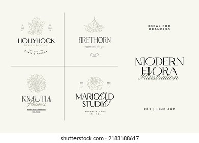 Vintage Flowers Vector Signs or Logo Templates. Retro Floral Illustration with Classy Typography. Feminine Logo. Modern Logo Template for florist, photographer, fashion blogger, design studio.