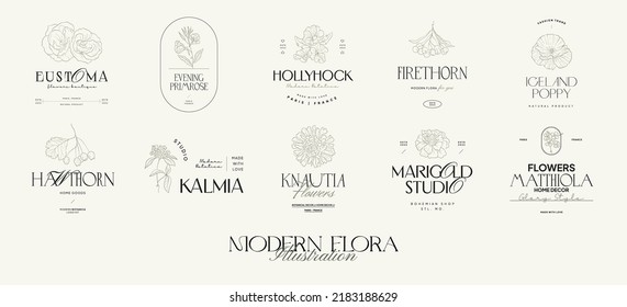 Vintage Flowers Vector Signs or Logo Templates. Retro Floral Illustration with Classy Typography. Feminine Logo. Modern Logo Template for florist, photographer, fashion blogger, design studio.