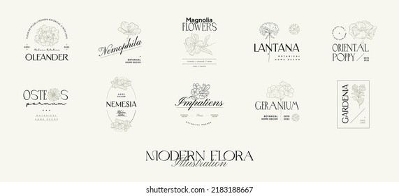 Vintage Flowers Vector Signs or Logo Templates. Retro Floral Illustration with Classy Typography. Feminine Logo. Modern Logo Template for florist, photographer, fashion blogger, design studio.