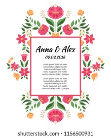 Vintage flowers wedding save the date card template vector. Hungarian folk pattern. Kalocsa embroidery floral ethnic ornament. Border frame for summer fashion poster, marriage invitation party.