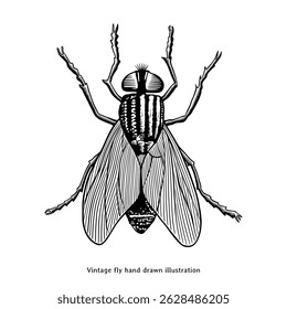 Vintage Fly Hand Drawn Engraving Illustration, Realistic Insect Etching of Housefly Top View