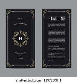 Vintage flyer design with gold abstract frame and crest. Template for invitation, brochure, menu, poster and other ads. 