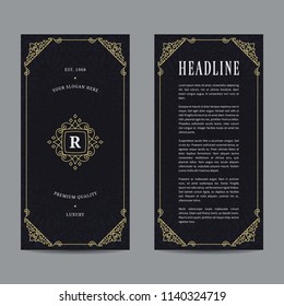 Vintage flyer design with gold abstract frame and crest. Template for invitation, brochure, menu, poster and other ads.