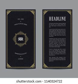 Vintage flyer design with gold abstract frame and crest. Template for invitation, brochure, menu, poster and other ads.