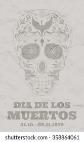 Vintage flyer Dia de Muertos Tattoo Skull Ornate Day of The Dead damaged paper