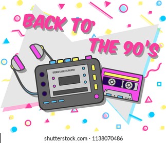 vintage flyer with music 90 s and audio tape, headphone, tape recorder