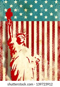 Vintage flyer, poster or background for American Independence day with statue of liberty.