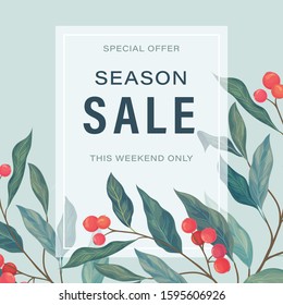 Vintage flyer template for concept design with green leaves and berries. Vector label, frame, card, brochure, print template. Price discount offer.