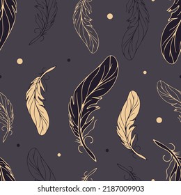 Vintage flying golden feathers Graceful pattern in sketch style on a dark background. For wallpaper, printing on fabric, wrapping, background