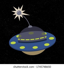 Vintage flying saucer. Futuristic technology concept. Cartoon vector illustration object. Black chalkboard. Space background