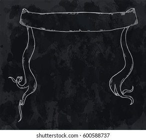 Vintage folded hand drawn vector ribbon banner in white over textured black background.
