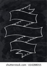 Vintage folded hand drawn vector ribbon banner in white over textured black background.