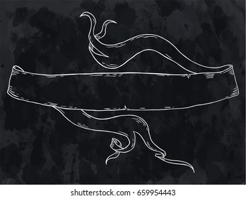 Vintage folded hand drawn vector ribbon banner in white over textured black background.
