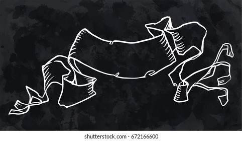 Vintage folded hand drawn vector ribbon banner in white over textured black background.