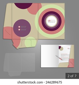 Vintage folder template design for corporate identity with color round elements. Stationery set