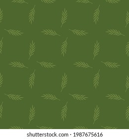 Vintage foliage seamless pattern with geometric style branches leaves ornament. Olive green background. Stock illustration. Vector design for textile, fabric, giftwrap, wallpapers.