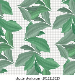 Vintage foliage vector seamless pattern background. Stylized columns of painterly sage green leaves on grey gingham fabric backdrop. Vertical geometric stripe effect repeat for heritage wedding
