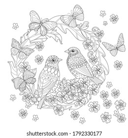 vintage foliage wreath with blossoms and couple of pretty birds, flying butterflies for your coloring book