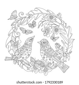 vintage foliage wreath with flowers and couple of adorable birds, flying butterflies for your coloring book